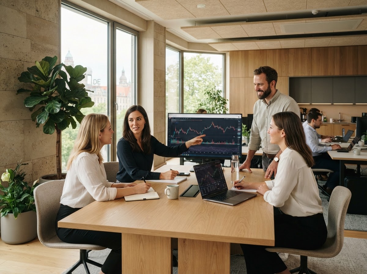 Traider AI team reviewing data models on a workstation